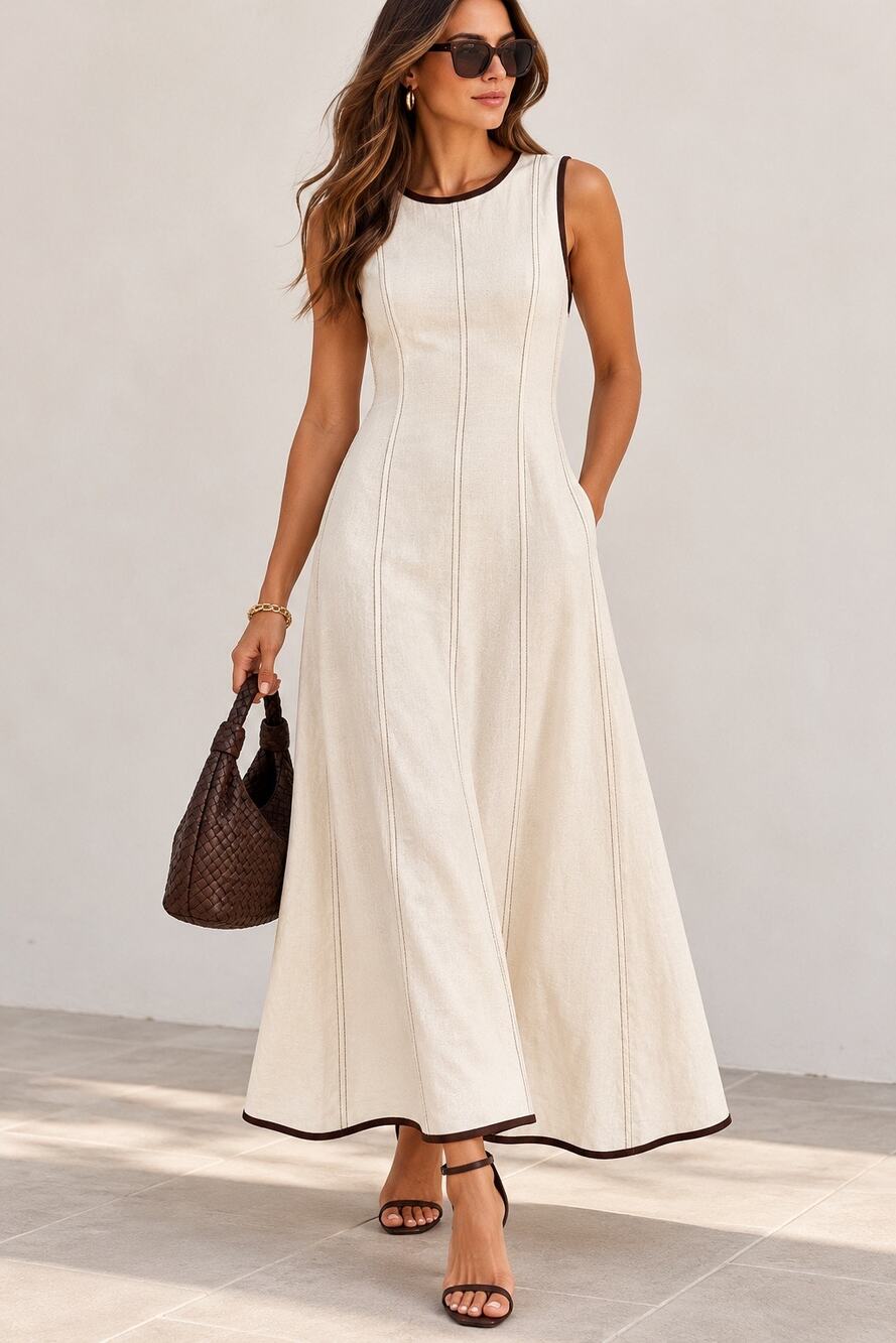 NWT Nicole Miller Linen Blend Maxi Dress Ivory Brown Trim Size 4